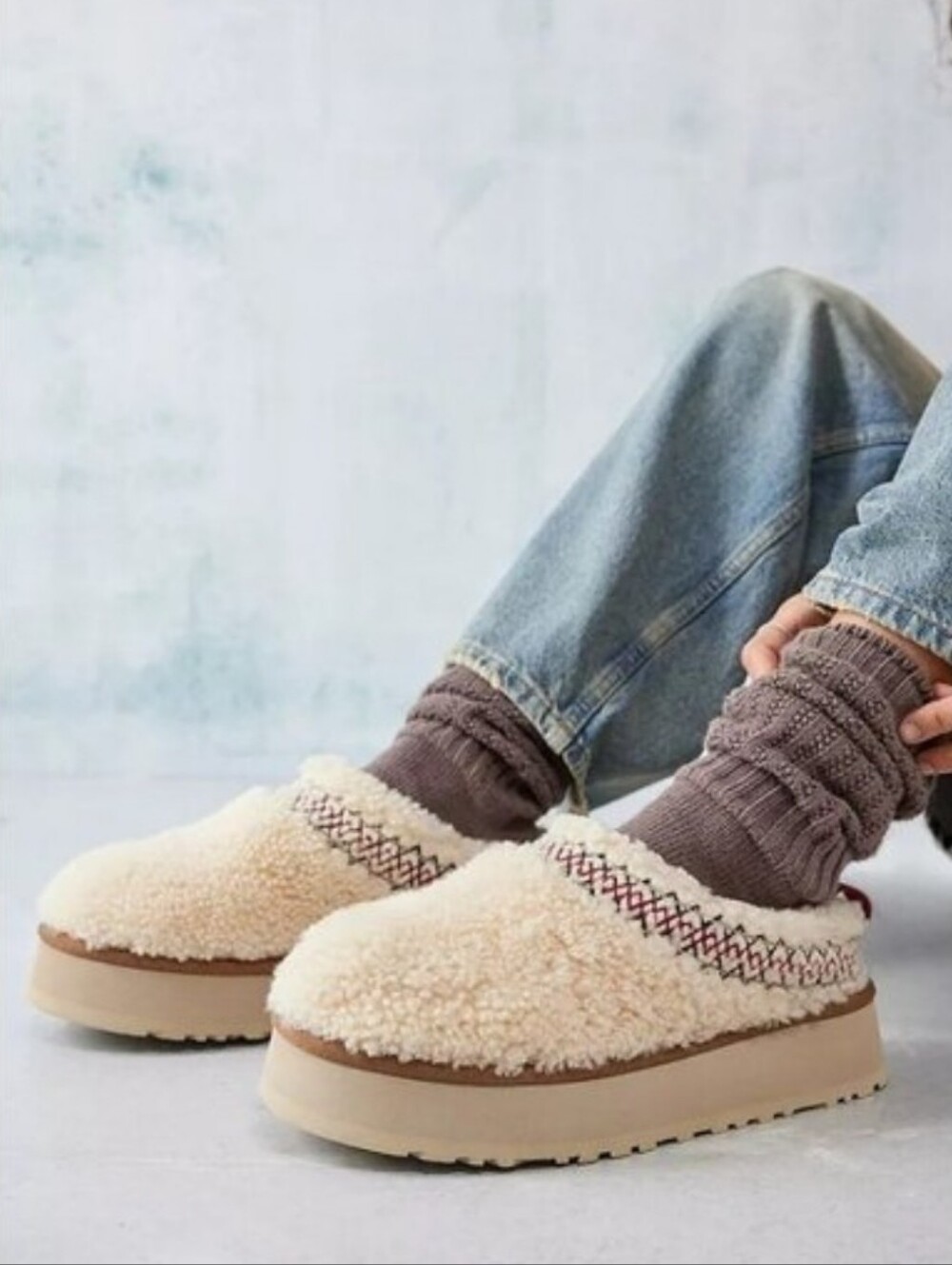 Tazz Ugg Heritage Braid Slippers Shearling Chunky Platform Shoes Clogs Natural
